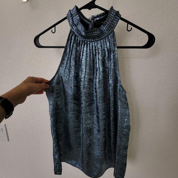 WHBM Halter Pleated Shell Top Blue Metallic 0 - Picture 6 of 10